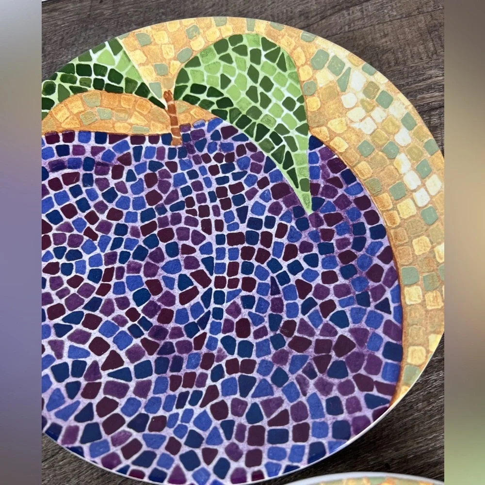 Pier One mosaic fruit plates‎ stoneware 8” apple pear plum orange